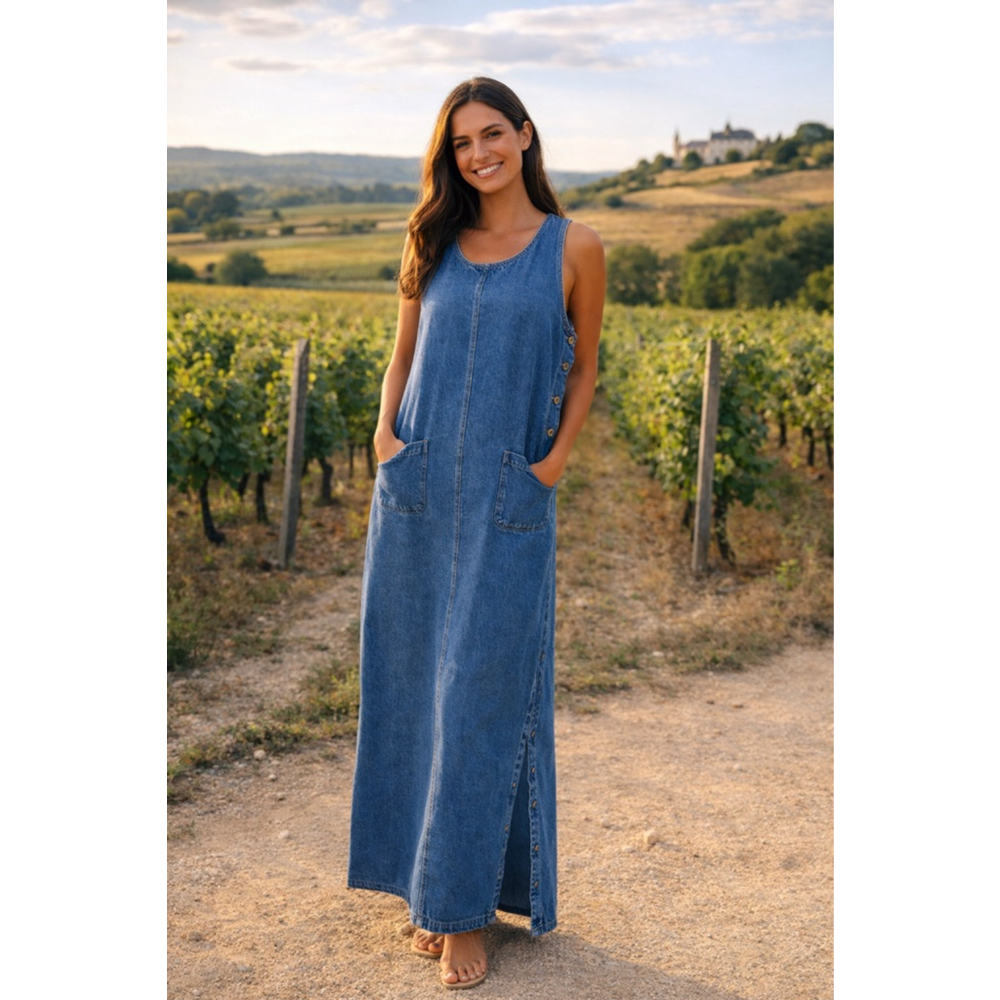 Vintage Just Blu Denim Maxi Dress Button Pockets Cottagecore Plus 100% Cotton 22